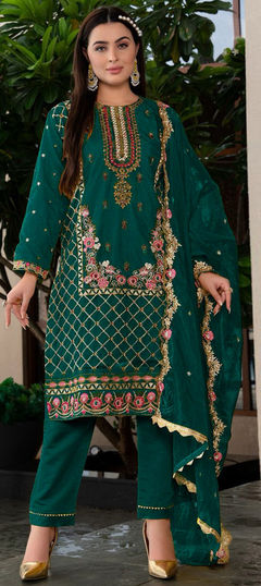 Green color Salwar Kameez in Georgette fabric with Embroidered, Sequence, Zircon work