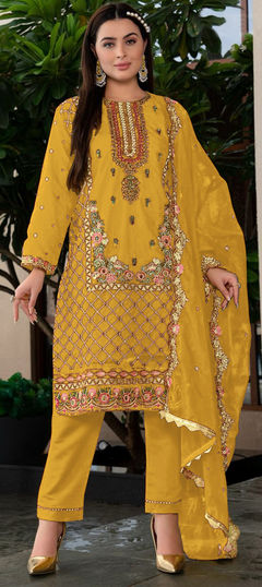 Yellow color Salwar Kameez in Georgette fabric with Embroidered, Sequence, Zircon work