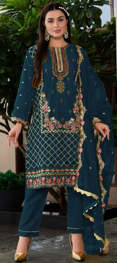 Blue color Salwar Kameez in Georgette fabric with Embroidered, Sequence, Zircon work