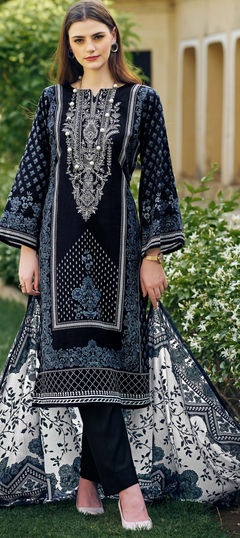 Casual Black and Grey color Salwar Kameez in Cotton fabric with Pakistani, Straight Digital Print, Embroidered work : 1955841