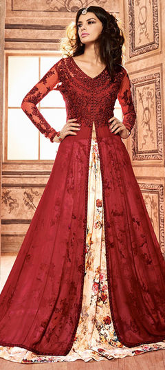 Bollywood Red and Maroon color Long Lehenga Choli in Georgette, Net fabric with Embroidered, Stone work : 1955845