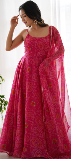 Pink and Majenta color Gown in Chiffon fabric with Bandhej, Digital Print work