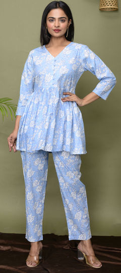 Blue color Co-ords Set in Cotton fabric with Floral, Printed work