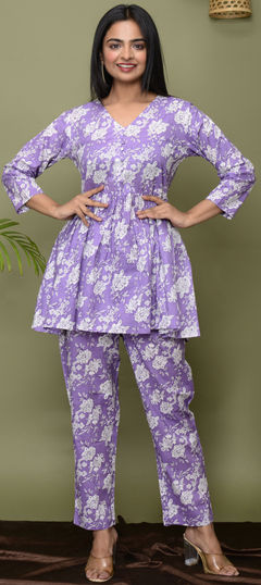 Purple and Violet color Co-ords Set in Cotton fabric with Floral, Printed work