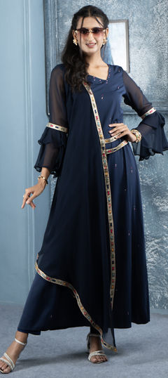 Festive, Reception Blue color Kurti in Georgette fabric with Asymmetrical Embroidered, Thread work : 1955913