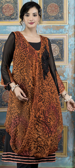 Festive, Reception Beige and Brown color Kurti in Georgette fabric with Asymmetrical Embroidered, Thread work : 1955914