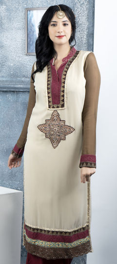 Festive, Reception Beige and Brown color Kurti in Georgette fabric with Straight Block Print, Embroidered, Gota Patti work : 1955915