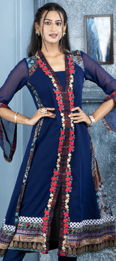 Festive, Reception Blue color Kurti in Georgette fabric with Anarkali Embroidered, Thread work : 1955916