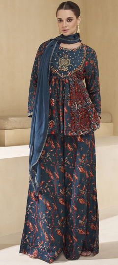 Blue color Salwar Kameez in Muslin fabric with Embroidered, Printed, Thread, Zari work