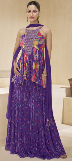 Purple and Violet color Salwar Kameez in Muslin fabric with Embroidered, Printed, Thread, Zari work