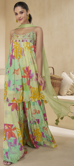 Green color Salwar Kameez in Muslin fabric with Embroidered, Printed, Thread, Zari work