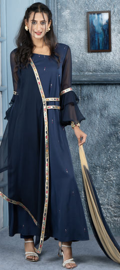 Festive, Reception Blue color Salwar Kameez in Georgette fabric with Asymmetrical Embroidered, Thread work : 1955927