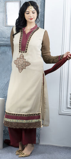 Festive, Reception Beige and Brown color Salwar Kameez in Georgette fabric with Straight Block Print, Embroidered, Gota Patti work : 1955930