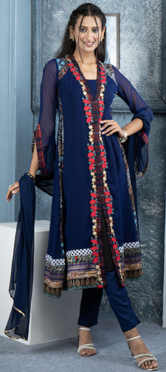 Festive, Reception Blue color Salwar Kameez in Georgette fabric with Anarkali Embroidered, Thread work : 1955931