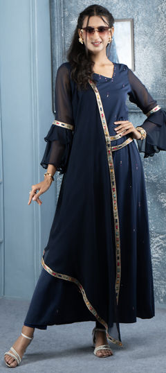 Festive, Reception Blue color Salwar Kameez in Georgette fabric with Asymmetrical Embroidered, Thread work : 1955958