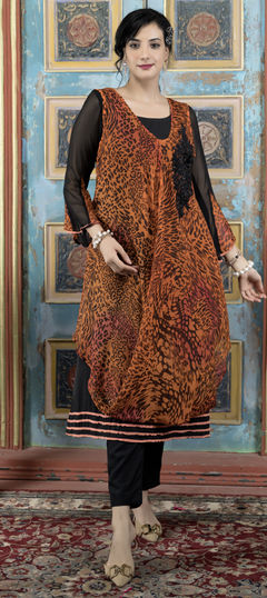 Festive, Reception Beige and Brown color Salwar Kameez in Georgette fabric with Embroidered, Thread work : 1955960