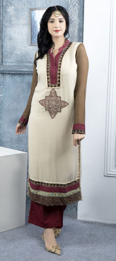 Festive, Reception Beige and Brown color Salwar Kameez in Georgette fabric with Straight Block Print, Embroidered, Gota Patti work : 1955961