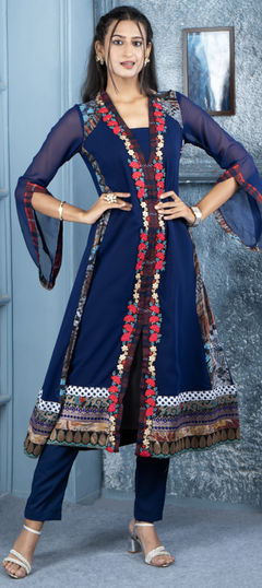 Festive, Reception Blue color Salwar Kameez in Georgette fabric with Straight Embroidered, Thread work : 1955963