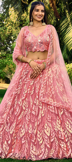 Bridal, Wedding Pink and Majenta color Lehenga in Net fabric with Flared Embroidered, Sequence, Thread work : 1956024