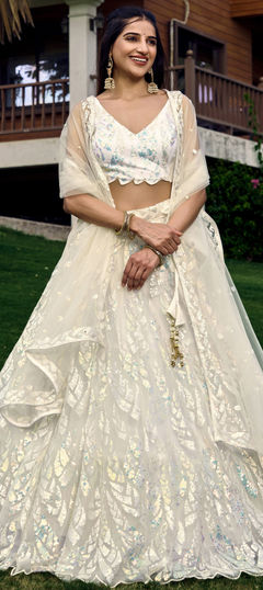 Bridal, Wedding White and Off White color Lehenga in Net fabric with Flared Embroidered, Sequence, Thread work : 1956026