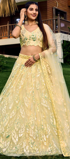 Bridal, Wedding Yellow color Lehenga in Net fabric with Flared Embroidered, Sequence, Thread work : 1956028