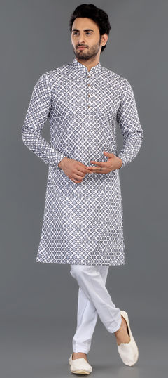 Black and Grey, White and Off White color Kurta Pyjamas in Cotton fabric with Embroidered, Thread work