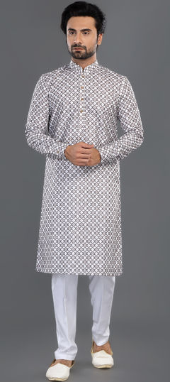 Party Wear Beige and Brown, White and Off White color Kurta Pyjamas in Cotton fabric with Embroidered, Thread work : 1956050