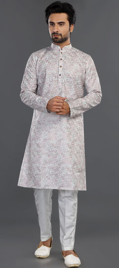 Party Wear White and Off White color Kurta Pyjamas in Cotton fabric with Embroidered, Thread work : 1956052