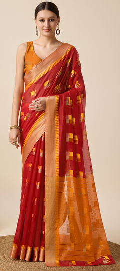 Festive, Party Wear, Traditional Red and Maroon color Saree in Silk cotton fabric with South Weaving work : 1956059