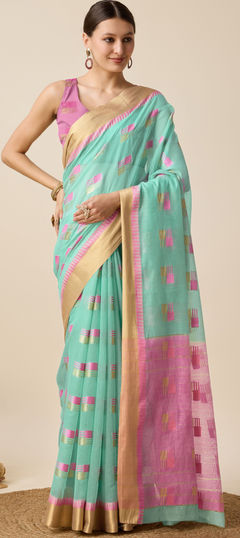 Festive, Party Wear, Traditional Blue color Saree in Silk cotton fabric with South Weaving work : 1956060