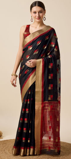 Festive, Party Wear, Traditional Black and Grey color Saree in Silk cotton fabric with South Weaving work : 1956063