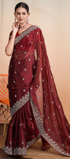 Red and Maroon color Saree in Art Silk fabric with Embroidered, Resham, Thread work