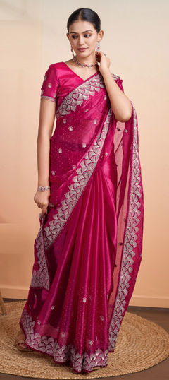Pink and Majenta color Saree in Art Silk fabric with Embroidered, Resham, Thread work