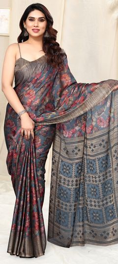 Black and Grey color Saree in Chiffon fabric with Floral, Printed work