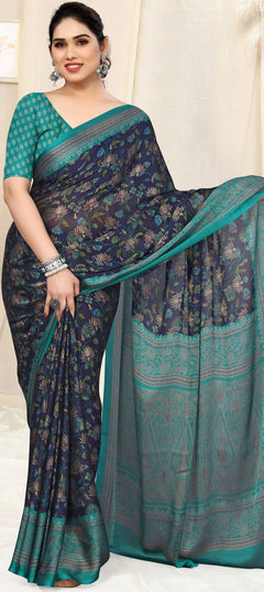 Blue color Saree in Chiffon fabric with Floral, Printed work