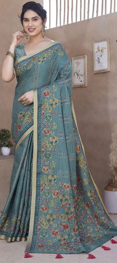 Blue color Saree in Blended Cotton fabric with Printed work