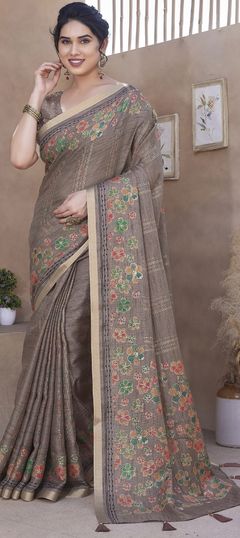 Beige and Brown color Saree in Blended Cotton fabric with Printed work