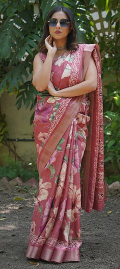 Red and Maroon color Saree in Blended fabric with Floral, Printed work