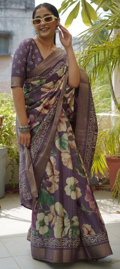 Purple and Violet color Saree in Blended fabric with Floral, Printed work