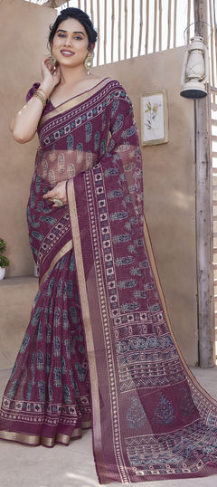 Pink and Majenta color Saree in Kota Doria Silk fabric with Printed work