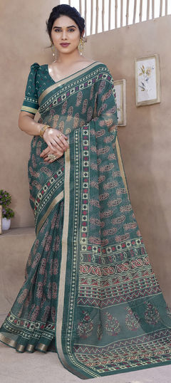 Blue color Saree in Kota Doria Silk fabric with Printed work