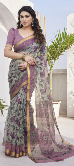 Party Wear, Traditional Green color Saree in Kota Doria Silk fabric with Bengali Floral, Printed work : 1956231