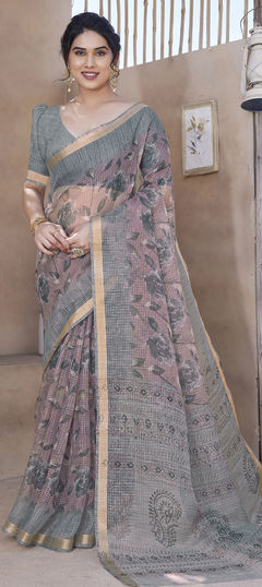 Party Wear, Traditional Pink and Majenta color Saree in Kota Doria Silk fabric with Bengali Floral, Printed work : 1956232