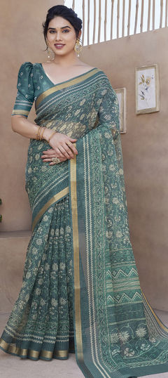Blue color Saree in Kota Doria Silk fabric with Floral, Printed work