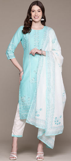 Party Wear, Summer Blue color Salwar Kameez in Cotton fabric with Straight Bugle Beads, Printed work : 1956237