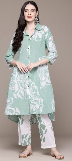 Green, White and Off White color Co-ords Set in Cotton fabric with Printed work