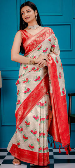 White and Off White color Saree in Banarasi Silk fabric with Weaving, Zari work