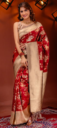 Red and Maroon color Saree in Kanjeevaram Silk fabric with Weaving, Zari work