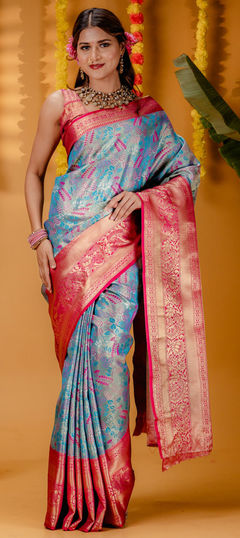 Blue color Saree in Kanjeevaram Silk fabric with Weaving, Zari work