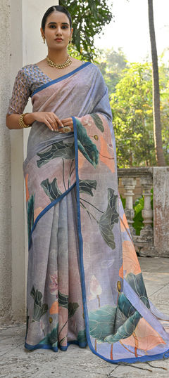 Blue color Saree in Silk cotton fabric with Floral, Printed work